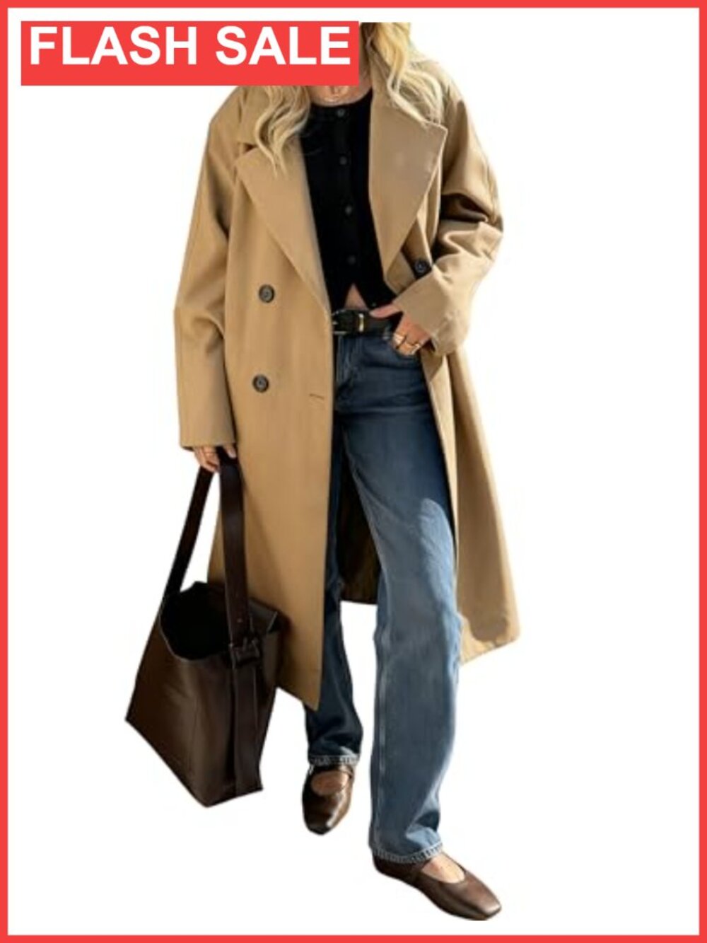 Women Wool Blend Double Breasted Long Trench Coat Loose Fit Overcoat